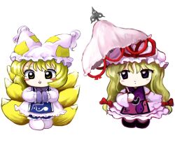 Rule 34 | 2girls, animal ear headwear, animal ears, blonde hair, blue tabard, blush stickers, bow, chibi, commentary, dot mouth, dress, fake animal ears, fox tail, full body, hair bow, hands in opposite sleeves, hat, hat ribbon, hat tassel, highres, holding, holding umbrella, long hair, long sleeves, looking at viewer, medium hair, mob cap, multiple girls, multiple tails, open mouth, own hands together, purple eyes, purple tabard, red bow, red ribbon, ribbon, simple background, smile, socks, standing, symbol-only commentary, tabard, tail, touhou, umbrella, white background, white dress, white headwear, white socks, yakumo ran, yakumo yukari, yakumora n, yellow eyes, zun (style)