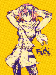 Rule 34 | 00s, 1girl, breasts, coat, copyright name, flcl, gainax, gloves, goggles, goggles on head, guitar, haruhara haruko, helmet, instrument, pants, pink hair, polka dot, scarf, short hair, smile, solo, yellow eyes, zero hime