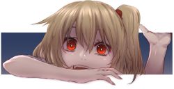 Rule 34 | 1girl, blonde hair, fang, fingernails, flandre scarlet, fourth wall, looking at viewer, open mouth, red eyes, side ponytail, solo, terimayo, touhou