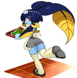 Rule 34 | 1girl, apron, blush, chibi, colored sclera, fish, fish girl, from behind, full body, minette (skullgirls), open mouth, pink pupils, ponytail, running, shell hair ornament, skirt, skullgirls, solo, thighhighs, tile floor, tiles, tray, white background, yellow sclera, yuriyuri (ccc)
