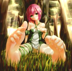 Rule 34 | 1girl, :&lt;, bare shoulders, barefoot, bracelet, feet, foot focus, grass, green eyes, highres, jewelry, looking at viewer, nature, nervous, pink hair, grabbing own breast, short hair, sitting, soles, solo, toe scrunch, toenails, toes, tree, yui hiroshi