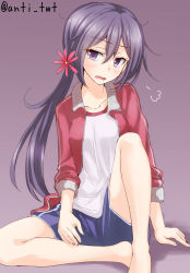 Rule 34 | 10s, 1girl, akebono (kancolle), anti (untea9), barefoot, blue pants, casual, flower, gym shirt, gym shorts, hair flower, hair ornament, highres, jacket, kantai collection, long hair, open clothes, open jacket, open mouth, pants, purple background, purple eyes, purple hair, red jacket, shirt, shorts, side ponytail, simple background, sitting, sleeves pushed up, solo, track jacket, twitter username, white shirt