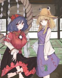 2girls absurdres animal_print architecture autumn_leaves blonde_hair breasts closed_mouth crossed_legs east_asian_architecture frog_print hair_ornament hat highres kashiwada_kiiho large_breasts leaf_hair_ornament long_skirt long_sleeves looking_at_viewer mirror moriya_suwako multiple_girls open_mouth purple_hair purple_shirt purple_skirt red_eyes red_shirt ribbon rope shide shimenawa shirt short_hair sitting skirt smile stitches teeth touhou two-tone_skirt white_shirt white_sleeves wide_sleeves yasaka_kanako yellow_eyes