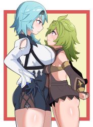 Rule 34 | 2girls, asymmetrical docking, blue hair, breast contest, breast press, breasts, closed mouth, collei (genshin impact), eula (genshin impact), genshin impact, hairband, highres, large breasts, leaning forward, leaning on person, long sleeves, looking at another, multiple girls, sideboob, size difference, small breasts, standing, sweatdrop, thighs, wavy mouth, xion (pulilulu)