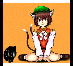 Rule 34 | 1girl, animal ears, bad id, bad pixiv id, bow, bowtie, brown hair, cat ears, cat girl, cat tail, chen, female focus, full body, highres, long sleeves, looking at viewer, multiple tails, nekomata, neoamon, shoes, short hair, sitting, solo, tail, touhou, two tails, wariza, white bow, white bowtie