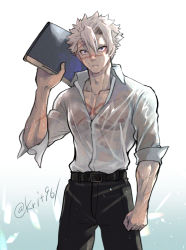 Rule 34 | 1boy, belt, black pants, book, clenched hand, closed mouth, collarbone, collared shirt, cowboy shot, dress, dress shirt, facial scar, frown, grey hair, hair between eyes, hand up, holding, holding book, kimetsu gakuen, kimetsu no yaiba, krit, looking at viewer, male focus, nipples, pants, pectorals, purple eyes, scar, scar on arm, scar on cheek, scar on chest, scar on face, scar on forehead, scar on nose, see-through, shinazugawa sanemi, shirt, short hair, sleeves rolled up, solo, spiked hair, veins, veiny arms, wet, wet clothes, wet shirt, white background, white dress