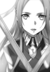 Rule 34 | 1girl, bunbun, greyscale, highres, holding, holding sword, holding weapon, long hair, looking at viewer, monochrome, novel illustration, official art, open mouth, solo, sortiliena serlut, sword, sword art online, sword art online: alicization, upper body, weapon