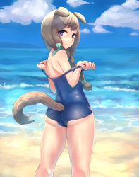 Rule 34 | 1girl, animal ears, ass, bad id, bad pixiv id, beach, braid, brown hair, clothes pull, day, dog ears, dog tail, from behind, highres, kyuuso inukami, long hair, looking back, one-piece swimsuit, one-piece swimsuit pull, original, outdoors, purple eyes, school swimsuit, solo, swimsuit, tail, twin braids, water