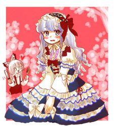 Rule 34 | 2girls, ^ ^, alternate costume, blue hair, blue skirt, blunt bangs, bonnet, bow, closed eyes, comb, embarrassed, frilled skirt, frilled sleeves, frills, fujiwara no mokou, gothic lolita, hair bow, hair brush, heart, juliet sleeves, kamishirasawa keine, komaku juushoku, lolita fashion, long hair, long sleeves, multiple girls, open mouth, puffy sleeves, red background, red bow, shirt, silver hair, skirt, smile, suspenders, touhou, v arms, white bow, white shirt, wide sleeves