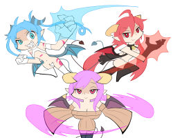 Rule 34 | 3girls, astaroth (mon-musu quest!), highres, lilith (mon-musu quest: paradox), mon-musu quest!, morrigan (mon-musu quest!), multiple girls, panty &amp; stocking with garterbelt, parody, simple background, style parody, white background