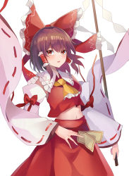 Rule 34 | 1girl, absurdres, amulet, ascot, bare shoulders, blush, bow, breasts, brown hair, collar, collared shirt, detached sleeves, female focus, gohei, hair between eyes, hair ornament, hair tubes, hakurei reimu, highres, koizumo, long sleeves, looking away, medium breasts, navel, open mouth, red bow, red eyes, red shirt, red skirt, shirt, short hair, simple background, skirt, solo, touhou, white background, white sleeves, wide sleeves, yellow ascot