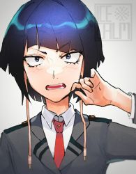 Rule 34 | 1girl, artist logo, artist name, asymmetrical bangs, audio jack, blue eyes, blue hair, blunt bangs, blush, bob cut, boku no hero academia, close-up, commentary, curled fingers, dress shirt, english commentary, grey jacket, hand on own face, ice calm, jacket, jirou kyouka, long earlobes, long sleeves, looking at viewer, necktie, open mouth, portrait, red necktie, sanpaku, school uniform, shirt, short hair, solo, teeth, upper body, upset, v-shaped eyebrows, white background, white shirt
