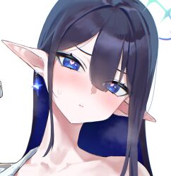 Rule 34 | 1girl, black hair, blue archive, blue eyes, blue hair, blue halo, blush, closed mouth, collarbone, colored inner hair, halo, heart, heart-shaped pupils, highres, kazane-wind, long hair, looking at viewer, multicolored hair, pointy ears, portrait, rin (blue archive), simple background, solo, symbol-shaped pupils, white background