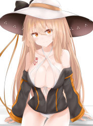 Rule 34 | 1girl, absurdly long hair, absurdres, bare legs, bare shoulders, barefoot, bikini, blush, bodypaint, breast lift, breasts, brown hair, character name, cleavage, collarbone, eyes visible through hair, front-tie bikini top, front-tie top, girls&#039; frontline, groin, hair between eyes, hat, highres, jacket, large breasts, long hair, looking away, lowleg, lowleg bikini, m37 (girls&#039; frontline), m37 (summer parader) (girls&#039; frontline), navel, off shoulder, official alternate costume, open clothes, open jacket, orange eyes, ru zhai, sidelocks, simple background, sitting, solo, sun hat, swimsuit, thighs, very long hair, weapon, white background, white bikini