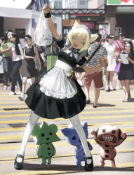 Rule 34 | 1boy, 3others, 6+girls, animal ears, bag, blonde hair, character request, check character, commentary request, crowd, day, full body, green eyes, highres, holding, holding bag, looking at viewer, maid, maid headdress, medium skirt, multiple girls, multiple others, open mouth, original, pantyhose, pavement, plastic bag, sara manta, shoes, short hair, short sleeves, skirt, smile, solo focus, standing, teeth, white legwear, wristband