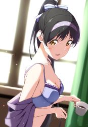 Rule 34 | 1girl, black hair, blue bra, blush, bra, breasts, cleavage, coffee cup, collarbone, cup, disposable cup, from side, hair ribbon, hairband, hazuki ren, high ponytail, highres, holding, holding cup, indoors, long hair, looking at viewer, love live!, love live! superstar!!, medium breasts, parted lips, partially undressed, reno 0901, ribbon, smile, solo, underwear, very long hair, window, yellow eyes