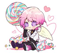 Rule 34 | 1boy, black gloves, black pants, blush, candy, closed mouth, feathered wings, finniku (forever 7th capital), food, forever 7th capital, gloves, holding, holding candy, holding food, holding lollipop, lollipop, looking at viewer, pants, pink hair, purple eyes, sapphire (nine), simple background, sitting, smile, solo, white background, white wings, wings
