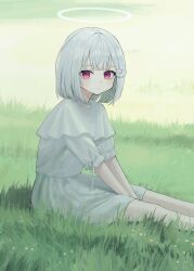Rule 34 | 1girl, closed mouth, day, double-parted bangs, dress, expressionless, feet out of frame, grass, hair ornament, halo, highres, looking at viewer, medium hair, on grass, on ground, original, outdoors, red eyes, sakiika0513, shell hair ornament, short dress, short sleeves, sitting, solo, white dress, white hair, white halo