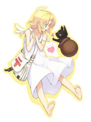 Rule 34 | 1girl, angel, angel wings, aqua eyes, bag, barefoot, blonde hair, blush stickers, cat, denchuubou, dress, feet, flower, halo, handbag, heart, jar, mailman, open mouth, original, outline, own hands clasped, own hands together, short hair, solo, strap slip, white background, white dress, wings