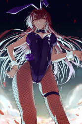 Rule 34 | 1girl, animal ears, breasts, closed mouth, detached collar, fake animal ears, fate/grand order, fate (series), fishnet pantyhose, fishnets, hair between eyes, highleg, highleg leotard, large breasts, leotard, long hair, looking at viewer, march ab, official alternate costume, pantyhose, petals, playboy bunny, purple hair, purple leotard, rabbit ears, red eyes, scathach (fate), scathach (piercing bunny) (fate), thigh strap, thighs, wrist cuffs