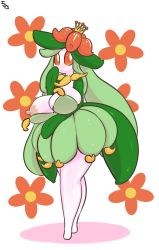 Rule 34 | 1girl, absurdres, blush, breasts, colored sclera, creatures (company), crown, diamond (shape), female focus, flower, full body, game freak, gen 5 pokemon, green hair, hair flower, hair ornament, hand to own mouth, hand up, highres, huge breasts, immortalstar, lilligant, long hair, looking away, looking to the side, looking up, mini crown, nintendo, nipple slip, nipples, no humans, no mouth, orange flower, orange sclera, pokemon, pokemon (creature), pokemon bw, simple background, solo, standing, text focus, watermark, white background, white eyes