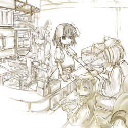Rule 34 | 4girls, animal ears, animal hat, bar (place), bowl, brown theme, cat ears, cat girl, cat tail, cervus, chen, chopsticks, closed eyes, dress, eating, female focus, food, hat, height difference, inaba tewi, indoors, long hair, long sleeves, looking at viewer, lowres, mob cap, monochrome, multiple girls, multiple tails, nekomata, no socks, mob cap, puffy short sleeves, puffy sleeves, rabbit ears, reisen udongein inaba, sandals, shelf, short hair, short sleeves, sitting, standing, tail, tassel, touhou, two tails, wide sleeves, yakumo ran