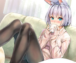 Rule 34 | 1girl, animal ears, aqua eyes, azur lane, blush, commentary request, couch, cup, holding, holding cup, indoors, kaga (azur lane), koyuki (kotatsu358), looking at viewer, makeup, pantyhose, ribbed sweater, short hair, sitting, sleeves past wrists, solo, sweater, teacup, two-handed, window