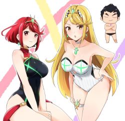 Rule 34 | 1boy, 2girls, bad id, bad twitter id, bare shoulders, black one-piece swimsuit, blonde hair, breasts, chibi, cleavage, cleavage cutout, closed eyes, clothing cutout, competition swimsuit, covered navel, earrings, gem, headpiece, jewelry, large breasts, long hair, looking at viewer, madanai (morisumeshi), malos (xenoblade), multiple girls, mythra (xenoblade), navel, nintendo, one-piece swimsuit, open mouth, pyra (pro swimmer) (xenoblade), pyra (xenoblade), red eyes, red hair, short hair, simple background, smile, swept bangs, swimsuit, tiara, xenoblade chronicles (series), xenoblade chronicles 2, yellow eyes