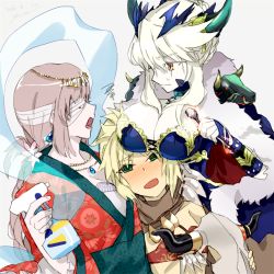 Rule 34 | 3girls, alternate costume, armor, artoria pendragon (all), artoria pendragon (fate), artoria pendragon (lancer alter) (fate), artoria pendragon (lancer alter) (ox-demon king) (fate), bandages, blonde hair, blush, bottle, braid, breast rest, breasts, breasts on head, cleavage, fate/apocrypha, fate/grand order, fate (series), florence nightingale (divine princess of the storm) (fate), florence nightingale (fate), french braid, girl sandwich, goya (xalbino), green eyes, hair ornament, horns, huge breasts, jewelry, large breasts, long hair, midriff, mordred (fate), mordred (fate/apocrypha), mordred (true samadhi fire) (fate), multiple girls, necklace, pauldrons, pink hair, ponytail, saber (fate), saber alter, sandwiched, shoulder armor, smile, spoon, spray bottle, yellow eyes, yuri