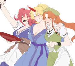 3girls absurdres blonde_hair breasts cleavage highres hong_meiling horns hoshiguma_yuugi large_breasts long_hair multicolored_hair multiple_girls onozuka_komachi puffy_short_sleeves puffy_sleeves red_eyes red_horns sarukana short_sleeves sketch smile touhou two-tone_hair