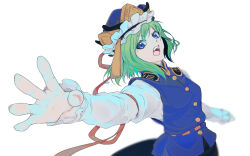 Rule 34 | 1girl, black skirt, blue eyes, blue hat, blue vest, blurry, breasts, buttons, colorized, commentary request, cowboy shot, depth of field, epaulettes, fingernails, frilled hat, frills, green hair, hat, jinzou (user gwfr3453), looking at viewer, medium bangs, medium hair, open mouth, reaching, reaching towards viewer, shiki eiki, shikitsuki, shirt, simple background, skirt, small breasts, solo, teeth, tongue, touhou, upper teeth only, v-shaped eyebrows, vest, white background, white shirt