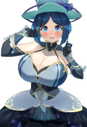Rule 34 | 1girl, absurdres, aged up, bare shoulders, battle chatelaine, black gloves, black pantyhose, blue dress, blue eyes, blue hair, blue hat, blush, bodystocking, breasts, cleavage, collarbone, commentary request, covered navel, cowboy shot, creatures (company), dress, elbow gloves, evelyn (pokemon), floral print, game freak, gloves, gluteal fold, hands up, hat, highres, hizakake, huge breasts, looking at viewer, nintendo, open mouth, pantyhose, parted bangs, pokemon, pokemon xy, revision, see-through, short hair, showgirl skirt, sidelocks, simple background, sleeveless, sleeveless dress, solo, standing, top hat, white background