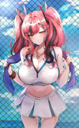 Rule 34 | 1girl, azur lane, blush, bow, breasts, bremerton (azur lane), bremerton (scorching-hot training) (azur lane), chain-link fence, closed eyes, collarbone, commentary, crop top, crop top overhang, fence, gradient hair, grey hair, ha9na, hair between eyes, hair bow, hair ornament, half-closed eyes, heart, heart necklace, highres, jewelry, large breasts, leaning forward, long hair, looking at viewer, midriff, mole, mole under eye, multicolored hair, navel, necklace, pink hair, shirt, sidelocks, sleeveless, sleeveless shirt, solo, sportswear, streaked hair, tennis uniform, tsurime, two-tone hair, two-tone shirt, two-tone skirt, x hair ornament