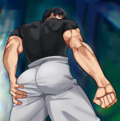 Rule 34 | 1boy, absurdres, alternate body hair, ass, ass grab, bara, cowboy shot, from below, fushiguro touji, grabbing own ass, highres, jujutsu kaisen, looking at viewer, looking back, male focus, muscular, muscular male, pants, shirt, short hair, solo, standing, taous dark, thick arm hair, thick eyebrows, thick thighs, thighs, tight clothes, tight shirt, triceps
