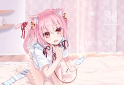 Rule 34 | 1girl, all fours, animal ears, bell, cat ears, cat tail, collar, fang, hair bell, hair ornament, highres, jcj0125, leash, looking at viewer, open mouth, original, panties, pet play, pink hair, red eyes, ribbon, school uniform, serafuku, smile, solo, striped clothes, striped panties, tail, tail ornament, tail ribbon, underwear