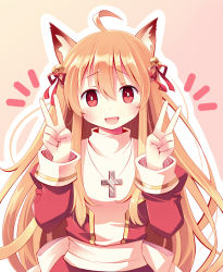 Rule 34 | 1girl, ahoge, animal ear fluff, animal ears, bell, blonde hair, blush, bow, cat ears, cross, cross necklace, doridori, double v, dress, hair bell, hair between eyes, hair ornament, hair ribbon, high priest (ragnarok online), jewelry, jingle bell, juliet sleeves, kemonomimi mode, long hair, long sleeves, looking at viewer, necklace, open mouth, outline, pink background, puffy sleeves, ragnarok online, red dress, red eyes, red ribbon, ribbon, sash, simple background, smile, solo, two-tone dress, upper body, v, white bow, white dress, white outline, white sash