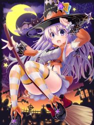 Rule 34 | 1girl, arm up, armpits, ass, bare shoulders, bat (animal), broom, broom riding, convenient leg, crop top, detached sleeves, halloween, halloween costume, hat, highres, holding, holding broom, jack-o&#039;-lantern, kazuneko (wktk1024), looking at viewer, midriff, miniskirt, moon, nepgear, neptune (series), night, night sky, open mouth, purple eyes, purple hair, shirt, silk, skirt, sky, solo, spider web, star (symbol), striped clothes, striped thighhighs, suspenders, thighhighs, white shirt, witch hat