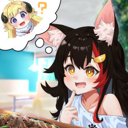 Rule 34 | 1girl, :d, ?, ahoge, animal ear fluff, animal ears, black hair, blonde hair, blush, brown eyes, commentary request, daichi (daichi catcat), drooling, finger to mouth, food, hair ornament, hairclip, highres, hololive, horns, long hair, looking away, mouth drool, multicolored hair, ookami mio, ookami mio (casual), open mouth, purple eyes, red hair, sheep horns, shirt, single bare shoulder, smile, solo, spoken character, streaked hair, sweatdrop, thought bubble, tsunomaki watame, tsunomaki watame (1st costume), virtual youtuber, white shirt, wolf ears