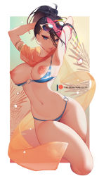 Rule 34 | 1girl, armpits, arms behind head, bikini, bikini pull, black hair, blue eyes, border, breasts, clothes pull, cropped legs, eyewear on head, feet out of frame, fiora (league of legends), gradient background, highres, large breasts, league of legends, looking at viewer, multicolored background, multicolored hair, nanoless, navel, nipples, o-ring, o-ring bikini, orange scarf, palms, parted lips, pink hair, ponytail, scarf, solo, stomach, striped bikini, striped clothes, sunglasses, swimsuit, white border