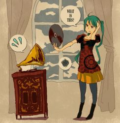 Rule 34 | 1girl, ?, confused, dress, english text, green hair, hatsune miku, long hair, mentama, pantyhose, phonograph, record, solo, twintails, uneven eyes, vocaloid