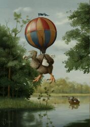 Rule 34 | bird, cloud, cloudy sky, commentary request, dated, day, dodo (bird), dutch commentary, fishing, fishing rod, floating, grass, lake, no humans, original, outdoors, painting (medium), realistic, scenery, sky, suzan visser, traditional media, tree, water