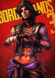 Rule 34 | 1girl, abs, absurdres, amara (borderlands), arm tattoo, bandages, bandaged arm, bandages, black hair, borderlands (series), borderlands 3, choker, clothes around waist, commentary, copyright name, cracking knuckles, dark-skinned female, dark skin, ear piercing, earrings, english commentary, full-body tattoo, highres, jewelry, leather vest, lips, midriff, monori rogue, nail polish, navel, nose, piercing, purple eyes, purple nails, short hair, sleeveless, solo, tattoo, vest