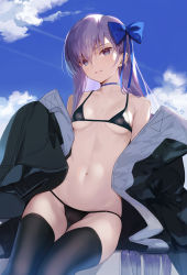 Rule 34 | 1girl, artist name, bare shoulders, bikini, black bikini, black thighhighs, blue sky, bow, breasts, choker, cloud, collarbone, commentary request, day, fate/grand order, fate (series), hair bow, hair ornament, highres, long coat, long hair, long sleeves, looking at viewer, medium breasts, meltryllis, meltryllis (fate), meltryllis (swimsuit lancer) (fate), meltryllis (swimsuit lancer) (first ascension) (fate), navel, off shoulder, outdoors, parted lips, purple eyes, purple hair, signature, siino, simple background, sitting, sky, sleeves past wrists, smile, solo, stomach, swimsuit, thighhighs, thighs