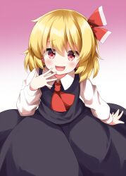 Rule 34 | 1girl, ascot, black skirt, black vest, blonde hair, blush, collared shirt, commentary request, hair ribbon, highres, long sleeves, looking at viewer, medium hair, mesugaki, open mouth, red ascot, red eyes, red ribbon, ribbon, rumia, ruu (tksymkw), shirt, skirt, skirt set, smile, solo, touhou, vest, white shirt