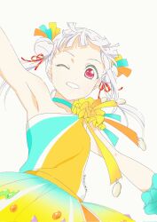 Rule 34 | 1girl, aqua choker, arashi chisato, arm up, commentary request, double bun, dress, hair bun, hair ornament, highres, looking at viewer, love live!, love live! superstar!!, medium hair, multicolored clothes, multicolored dress, one eye closed, red eyes, smile, solo, sugimoto miho, tokonatsu sunshine, twitter username, upper body, white background, white hair