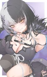 Rule 34 | 1girl, a9 (repainter), absurdres, black choker, black dress, black hair, black nails, blush, breasts, choker, cleavage, dress, fur trim, grey hair, hair ornament, highres, hololive, hololive english, jewelry, large breasts, long hair, looking at viewer, multicolored hair, ring, shiori novella, smile, solo, split-color hair, two-tone hair, virtual youtuber, yellow eyes