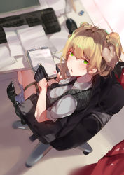 Rule 34 | 1girl, :o, blonde hair, chair, desk, eraser, file, from above, girls&#039; frontline, gloves, green eyes, highres, jewelry, keyboard, looking back, mouse (computer), necktie, office chair, pen, ring, sitting, skindentation, socks, solo, swivel chair, thigh strap, twintails, welrod mkii (girls&#039; frontline), yueqin (monnpiano)