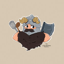 Rule 34 | 1boy, axe, bare shoulders, beard, brown hair, cropped torso, dungeon meshi, dwarf, facial hair, fake horns, helmet, highres, holding, holding behind back, horned helmet, horns, long beard, looking to the side, lucia martinez, male focus, mustache, outline, senshi (dungeon meshi), solo, spatula, tareme, thick mustache, very long beard, white outline