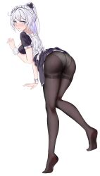 Rule 34 | 1girl, absurdres, alternate costume, apron, ass, black dress, black pantyhose, blue eyes, blush, breasts, chinese commentary, closed mouth, commentary request, commission, dress, from behind, full body, highres, honkai (series), honkai impact 3rd, kiana kaslana, kiana kaslana (herrscher of flamescion), legs, long hair, looking at viewer, looking back, maid, maid apron, maid headdress, medium breasts, no shoes, panties, panties under pantyhose, pantyhose, ponytail, short sleeves, simple background, solo, thighband pantyhose, underwear, white background, white hair, white panties, wrist cuffs, ying ling