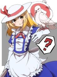 Rule 34 | 1girl, ?, animal on arm, apron, bird, bird on arm, blonde hair, cowboy shot, elbow gloves, gloves, hat, hat ribbon, highres, holding, kana anaberal, looking to the side, medium hair, open mouth, red ribbon, ribbon, road sign, shinmon akika, short sleeves, sign, spoken question mark, standing, touhou, touhou (pc-98), triangle mouth, waist apron, white apron, white gloves, white headwear, yellow eyes